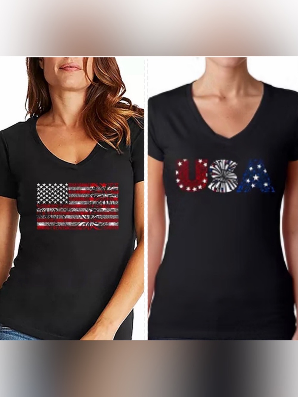 LA Pop Art USA Fireworks Graphic V-Neck Tee Size Medium Patriotic